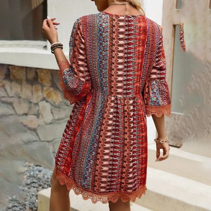 Women's Boho Print Mini Dress V-Neck 3 4 Sleeve Flowy Casual Summer Beach Sundress - Image 9