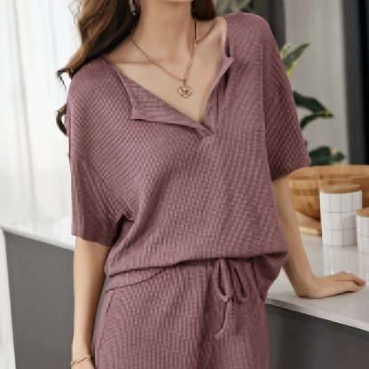 Women's Solid Color V-neck Waffle Fabric Loose Fitting Pullover Top And Waist Drawstring Home Casual Style Shorts Set - Image 3
