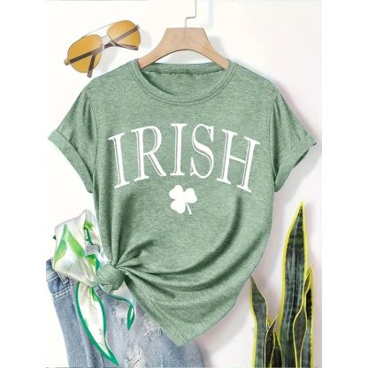 Women's Clover Print T-Shirt Breathable Summer Tee With Letter Design Casual Loose Fit Short Sleeve Top - Image 2