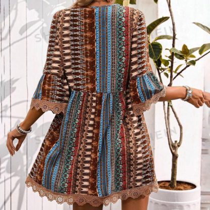 Women's Boho Print Mini Dress V-Neck 3 4 Sleeve Flowy Casual Summer Beach Sundress - Image 8
