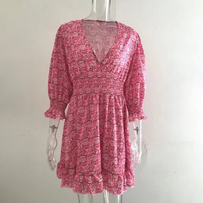 Womens Boho Floral Deep V Neck Smocked Elastic Waist Casual A-Line Swing Mini Dress Sundress - Image 2