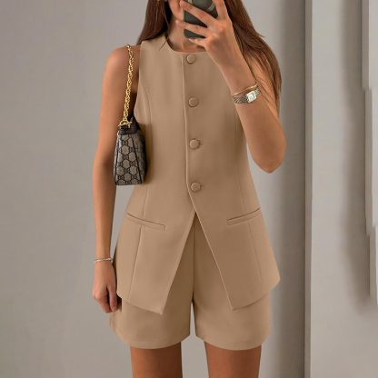 Women's Summer 2 Piece Short Sets Sleeveless Crew Neck Suit Vest Tops High Waist Shorts Business Outfits