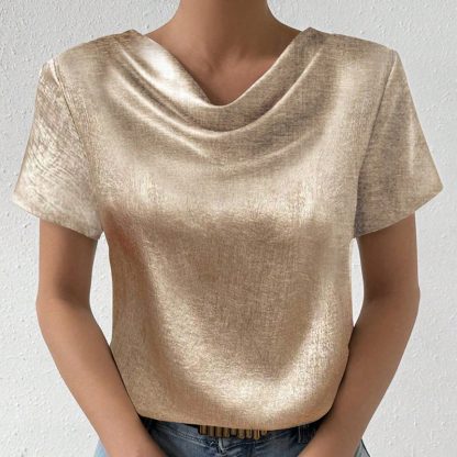 Women's Cowl Neck Short Sleeve Top, Solid Color Loose Fit Summer Office Casual Shirt - Image 2