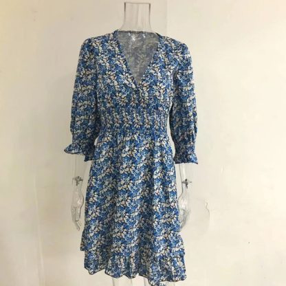 Womens Boho Floral Deep V Neck Smocked Elastic Waist Casual A-Line Swing Mini Dress Sundress - Image 4