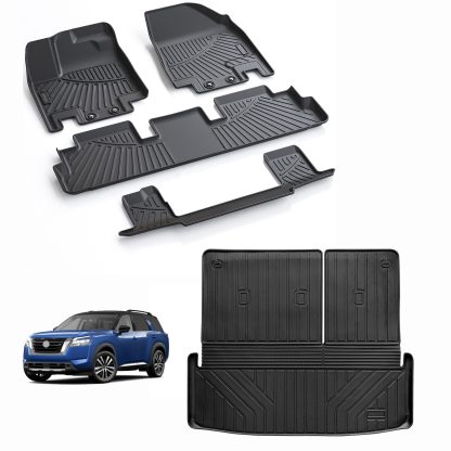 Floor Mats & Cargo Liners Backrest Mats Compatible For 2022-2024 Nissan Pathfinder 3 Row Floor Liners And Big Trunk Mat TPE-Black -Pathfinder 8 Seats - Image 4