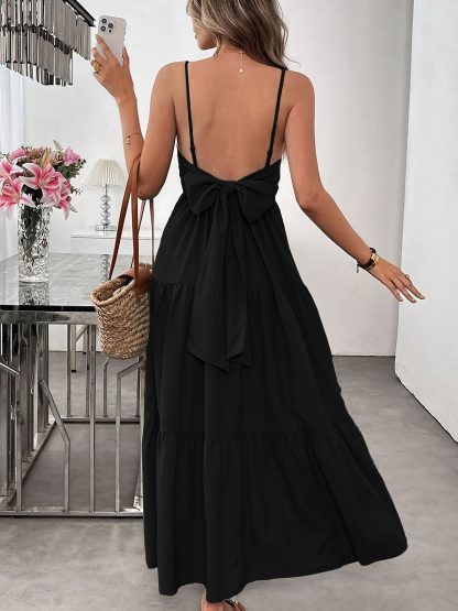 Women's Summer Sleeveless Tie-Bow Dress - Casual Beach Vacation Flowy Maxi Sundress - Image 4