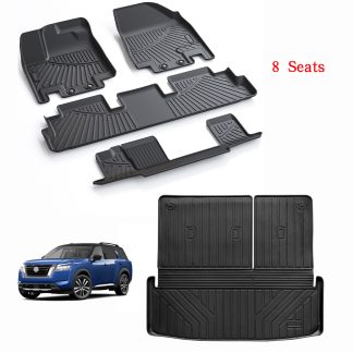 Floor Mats & Cargo Liners Backrest Mats Compatible For 2022-2024 Nissan Pathfinder 3 Row Floor Liners And Big Trunk Mat TPE-Black -Pathfinder 8 Seats