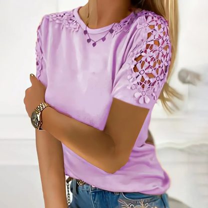 Women's Summer Lace Short Sleeve Crew Neck T-Shirt Top Blouse - Image 9