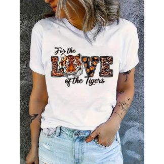 Tiger Print Love T Shirt For Women Funny Graphic Tee Tops Casual Loose Short Sleeve Blouse
