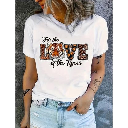 Tiger Print Love T Shirt For Women Funny Graphic Tee Tops Casual Loose Short Sleeve Blouse