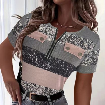 Women's Color Block Zipper T-Shirt, Casual Short Sleeve Summer Top - Image 8