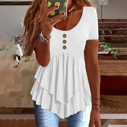 Women's Solid Color Button Front Tunic Top Casual Loose Fit Crew Neck Summer Blouse T-Shirt - Image 10