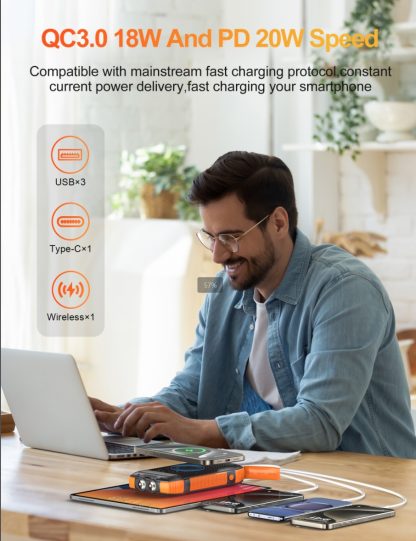 New Product Large Capacity 20000mAh 3 USB C Flashlight Ip67 Waterproof High-speed Wireless Charger Solar Power Bank - Image 4