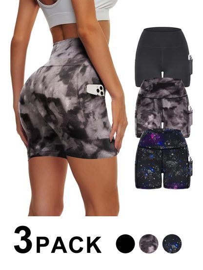 Yoga Pants - Three Points High Waist 3 Pieces Of Polyester Double Grinding Black Polyester Double Grinding Black Tie-dye Polyester Double Grinding Blue Purple Starry Sky - Image 2