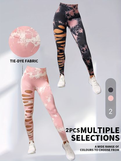 2 Pack Hollow Sexy High Elastic Women's Tie Dye Cutout Tights High Waist Workout Yoga Leggings, Scrunch Butt Lifting Elastic Pants, Tummy Control Butt Lifting Workout Yoga Athletic Pants - Image 3