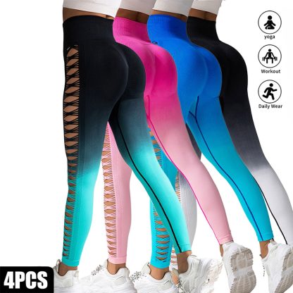 4 Pack Cut Out Ombre Gradient Color Hollow High-waist Butt-lifting Fitness Women's Yoga Pants, Women's High Waist Yoga Pants Cutout Ripped Super Soft And Comfortable Skinny Leggings - Image 4