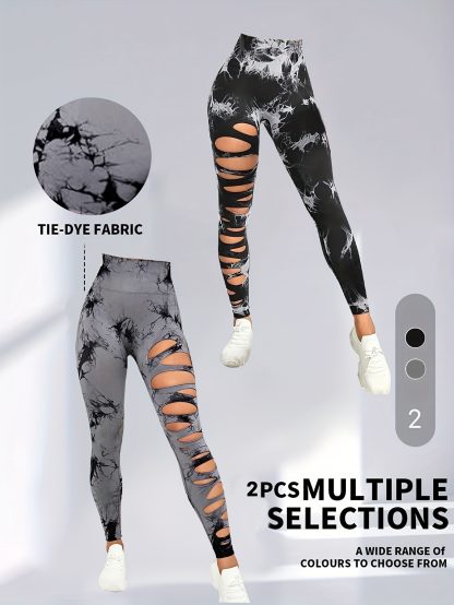 2 Pack Hollow Sexy High Elastic Women's Tie Dye Cutout Tights High Waist Workout Yoga Leggings, Scrunch Butt Lifting Elastic Pants, Tummy Control Butt Lifting Workout Yoga Athletic Pants - Image 4