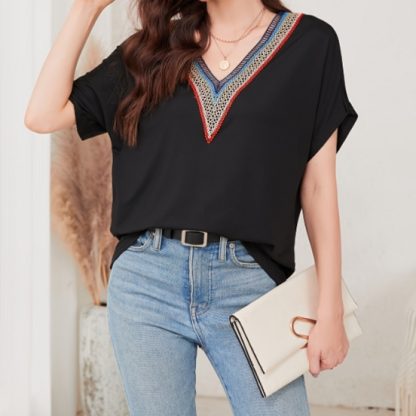 Women's Loose Fit Short Sleeved Breathable Casual Lace V-neck Shirt Top - Image 5