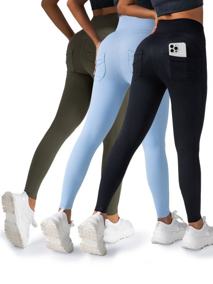 3 Pack Womens Yoga Leggings 4-Way Stretch High Waisted Tummy Control Pant With Pocket Workout Athletic Gym Casual Pants - Image 2
