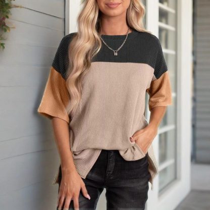 Women's Color Block Casual T-Shirt Short Sleeve Crew Neck Loose T-Shirt Top - Image 7