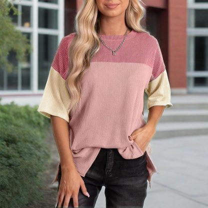Women's Color Block Casual T-Shirt Short Sleeve Crew Neck Loose T-Shirt Top - Image 5