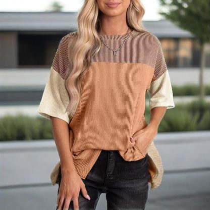 Women's Color Block Casual T-Shirt Short Sleeve Crew Neck Loose T-Shirt Top - Image 2