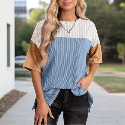 Women's Color Block Casual T-Shirt Short Sleeve Crew Neck Loose T-Shirt Top - Image 3