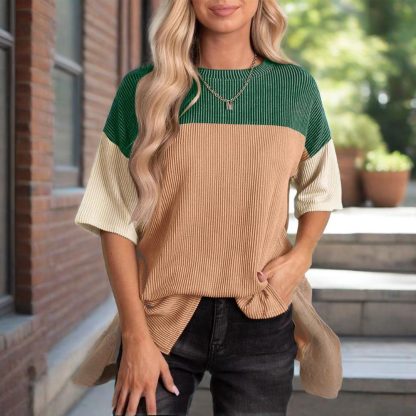Women's Color Block Casual T-Shirt Short Sleeve Crew Neck Loose T-Shirt Top - Image 9