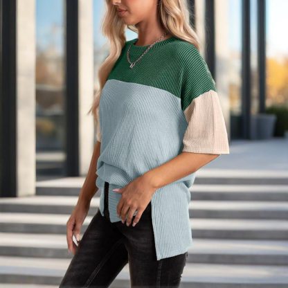 Women's Color Block Casual T-Shirt Short Sleeve Crew Neck Loose T-Shirt Top - Image 8