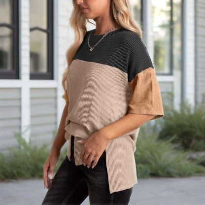 Women's Color Block Casual T-Shirt Short Sleeve Crew Neck Loose T-Shirt Top - Image 6