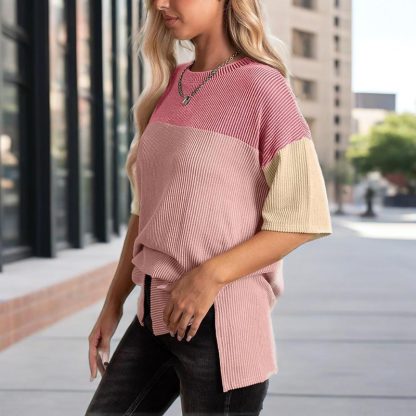 Women's Color Block Casual T-Shirt Short Sleeve Crew Neck Loose T-Shirt Top - Image 10
