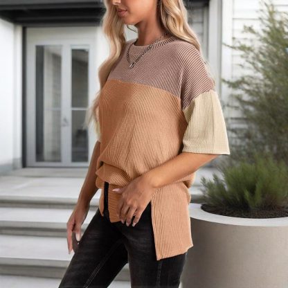 Women's Color Block Casual T-Shirt Short Sleeve Crew Neck Loose T-Shirt Top - Image 4