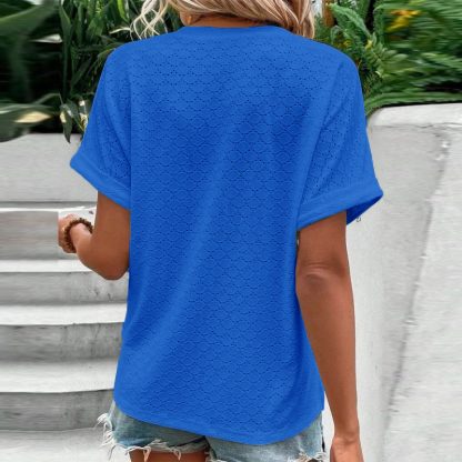 Women's Casual V-Neck Blouse Short Sleeve Loose Fit Button Front Solid Color Top - Image 2