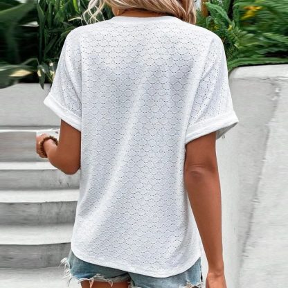 Women's Casual V-Neck Blouse Short Sleeve Loose Fit Button Front Solid Color Top - Image 7