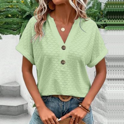 Women's Casual V-Neck Blouse Short Sleeve Loose Fit Button Front Solid Color Top - Image 4