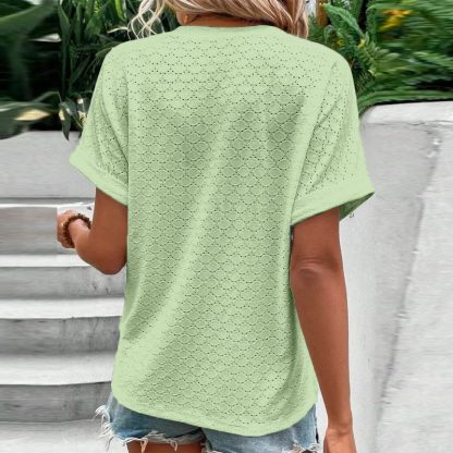 Women's Casual V-Neck Blouse Short Sleeve Loose Fit Button Front Solid Color Top - Image 10