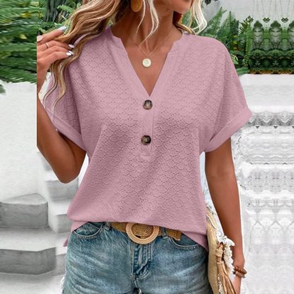 Women's Casual V-Neck Blouse Short Sleeve Loose Fit Button Front Solid Color Top - Image 6