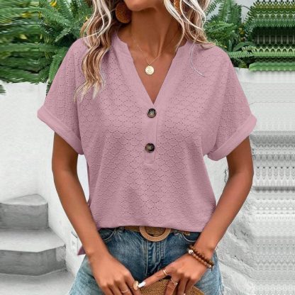 Women's Casual V-Neck Blouse Short Sleeve Loose Fit Button Front Solid Color Top - Image 5