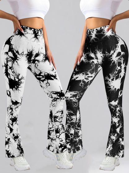 2 Pack Tie Dyed High Waisted Flared Butt-lifting Fitness Sports Women's Yoga Bell-bottom Pants, Workout Leggings For Women, Gym Scrunch Butt Butt Lifting Seamless Leggings - Image 7