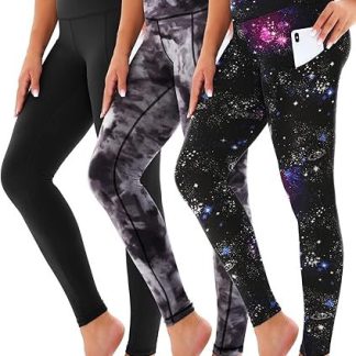 Yoga Pants - Cropped High-waisted Slanted Pockets, 3 Pieces Of Polyester Double Grind Black, Polyester Double Grind Black Tie-dye, Polyester Double Grind Blue Purple Starry Sky