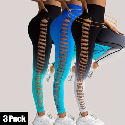 3 Pack Women's Gradient Color Butterfly Hollow High Waist Butt Lifting Long Fitness Pants, Seamless Leggings For Women High Waist Yoga Pants, Scrunch Butt Lifting Elastic Tights - Image 3