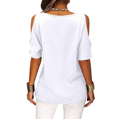 Womens Summer Trendy Shirts V Neck Cold Shoulder Tops Solid Color Casual Loose Sexy Blouse - Image 4