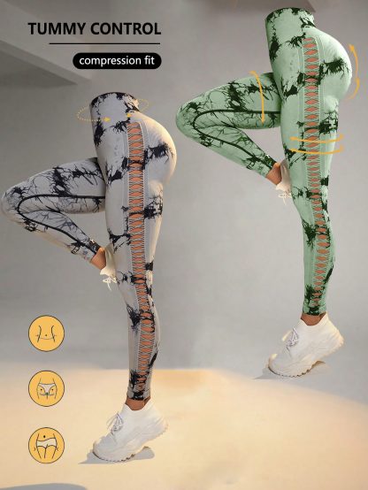 2 Pack Tie-dye Hollow High-waist Butt-lifting Women's Fitness Pants, Women's Tie Dye Cutout Tights Workout Yoga Leggings - Image 4