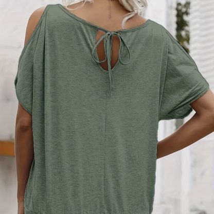 Women's Solid Color Off Shoulder Split Sleeve Round Neck Loose T-shirt - Image 2