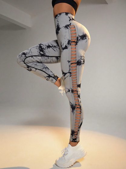 Cut Out Side Hollow Tie Dyed Yoga Pants, High Waist And Hip Lifting Fitness Pants With Side Hollow Seamless Sports Tights, Workout Gym Yoga Pants Scrunch Butt Lift Tights - Image 4