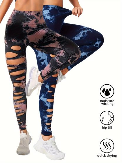 2 Pack Hollow Sexy High Elastic Women's Tie Dye Cutout Tights High Waist Workout Yoga Leggings, Scrunch Butt Lifting Elastic Pants, Tummy Control Butt Lifting Workout Yoga Athletic Pants - Image 6
