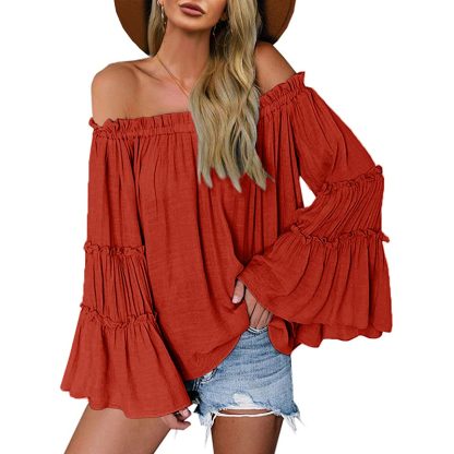 Women's Off Shoulder Blouse Long Flared Bell Sleeve Casual Loose Fit Top - Image 7