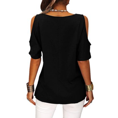 Womens Summer Trendy Shirts V Neck Cold Shoulder Tops Solid Color Casual Loose Sexy Blouse - Image 2