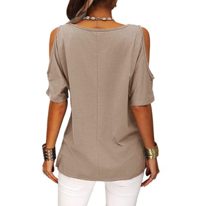 Womens Summer Trendy Shirts V Neck Cold Shoulder Tops Solid Color Casual Loose Sexy Blouse - Image 3
