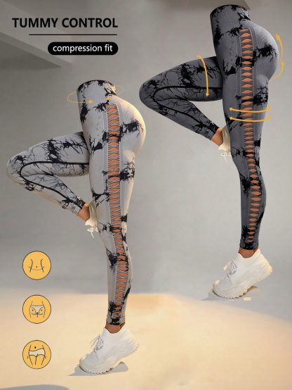 2 Pack Tie-dye Hollow High-waist Butt-lifting Women's Fitness Pants, Women's Tie Dye Cutout Tights Workout Yoga Leggings - Image 10